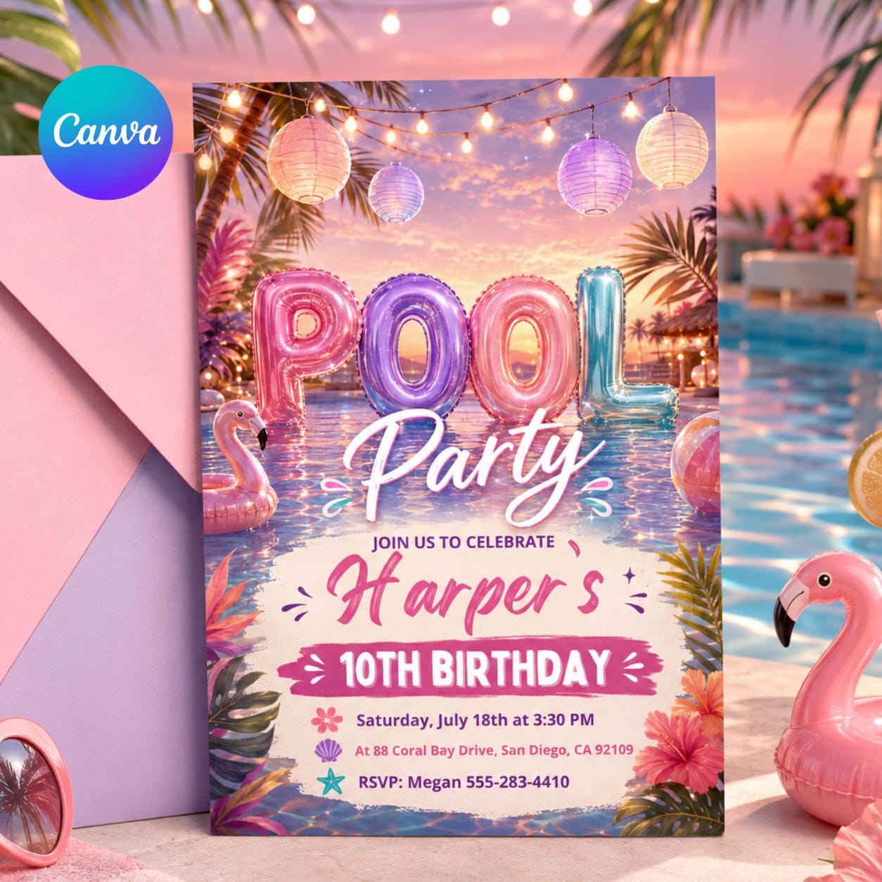 Editable Pool Party Birthday Invitation, Neon Glow Swim Invite for Boys Blue Green, Neon Pool Party Invitation, Editable Canva Template __etsy:8027076920