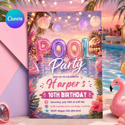 Editable Pool Party Birthday Invitation, Neon Glow Swim Invite for Boys Blue Green, Neon Pool Party Invitation, Editable Canva Template __etsy:8027076920