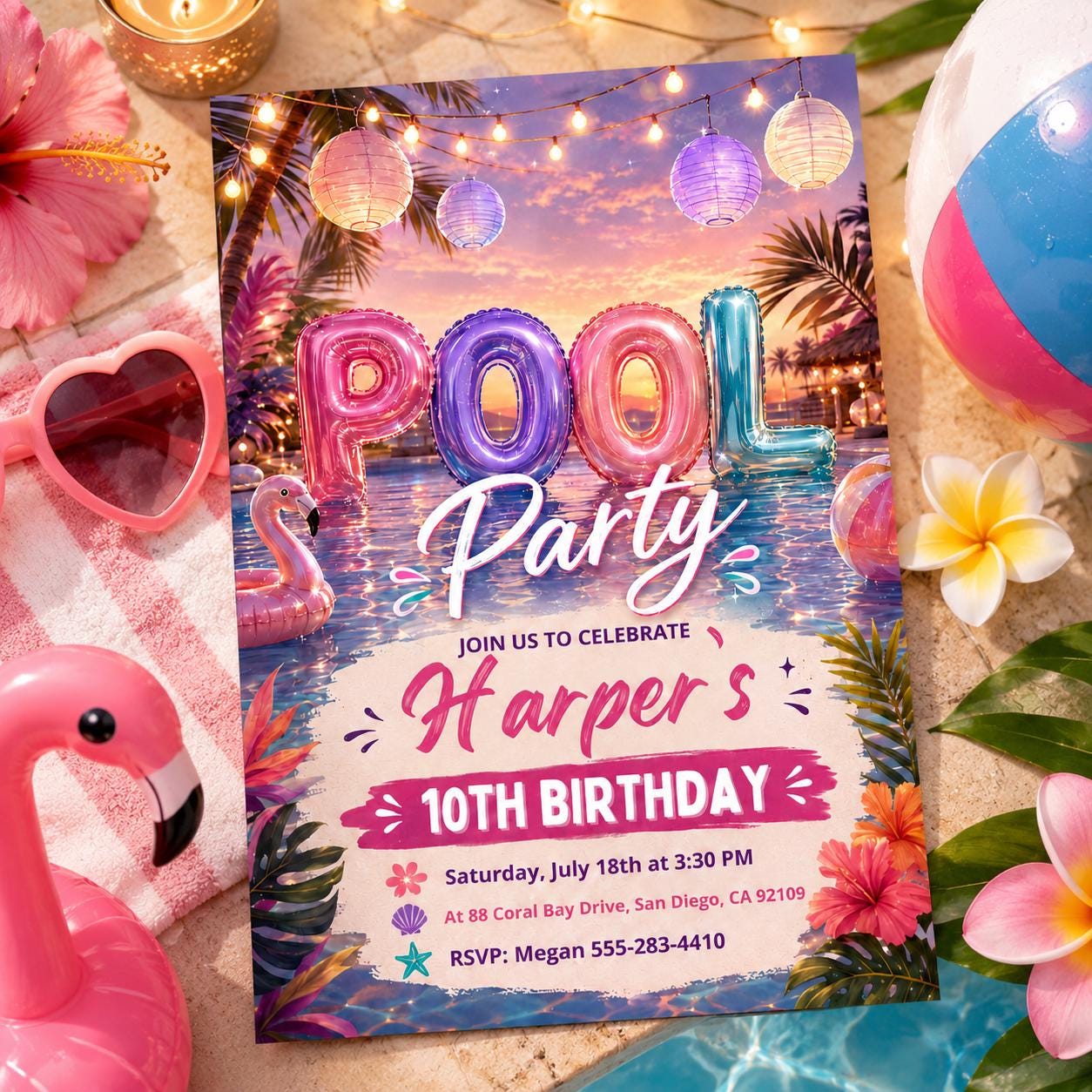 Editable Pool Party Birthday Invitation, Neon Glow Swim Invite for Boys Blue Green, Neon Pool Party Invitation, Editable Canva Template __etsy:8074989265