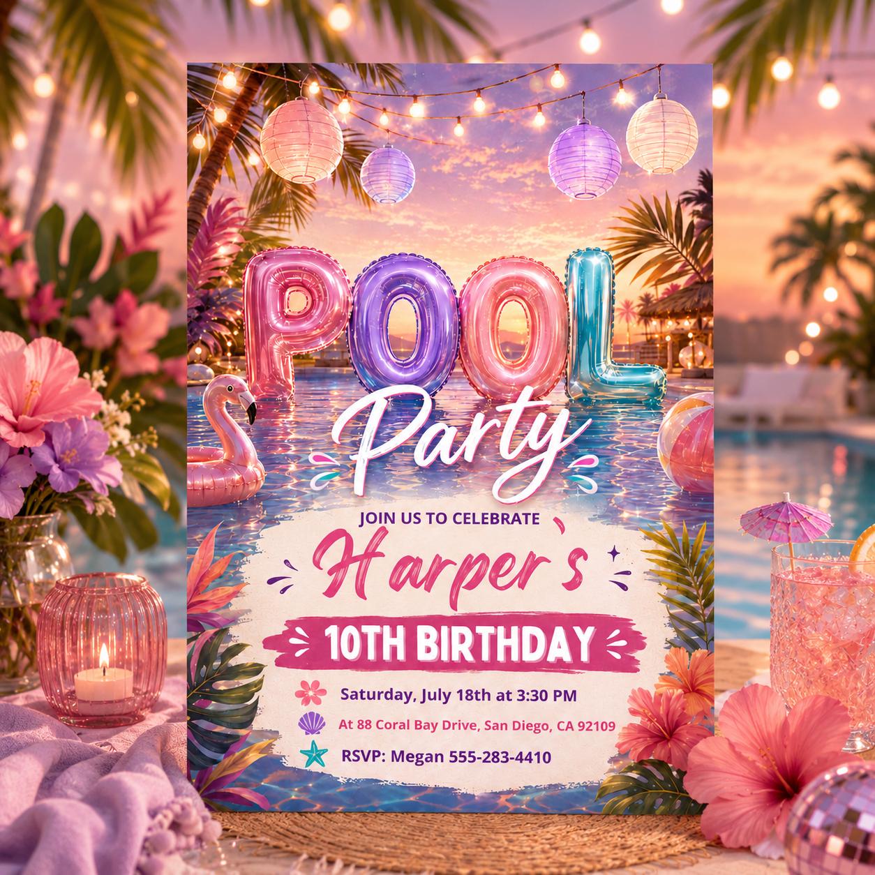 Editable Pool Party Birthday Invitation, Neon Glow Swim Invite for Boys Blue Green, Neon Pool Party Invitation, Editable Canva Template __etsy:8027074508