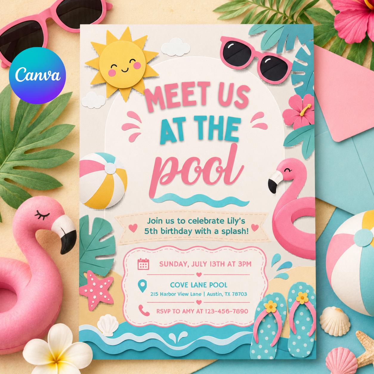 Editable Poolside Party Invitation Template, Meet Us Poolside Summer Invite, Pool Party Birthday Invite, Canva Any Event Invitation, Canva __etsy:8076816509