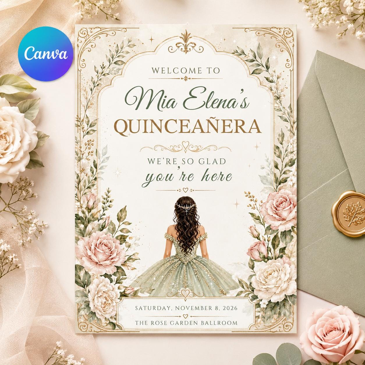 Editable Quinceañera Invitation, Mis Quince Invitation, Quinceanera Invite, Floral Design invitation, Red Gold Black, Mis Quince Anos, Canva __etsy:8097668507