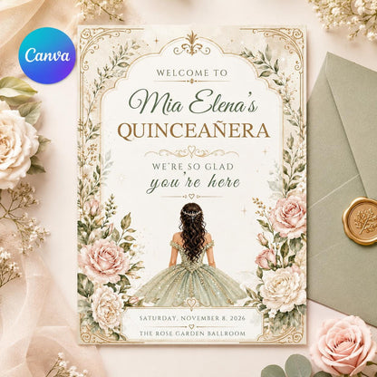 Editable Quinceañera Invitation, Mis Quince Invitation, Quinceanera Invite, Floral Design invitation, Red Gold Black, Mis Quince Anos, Canva __etsy:8097668507