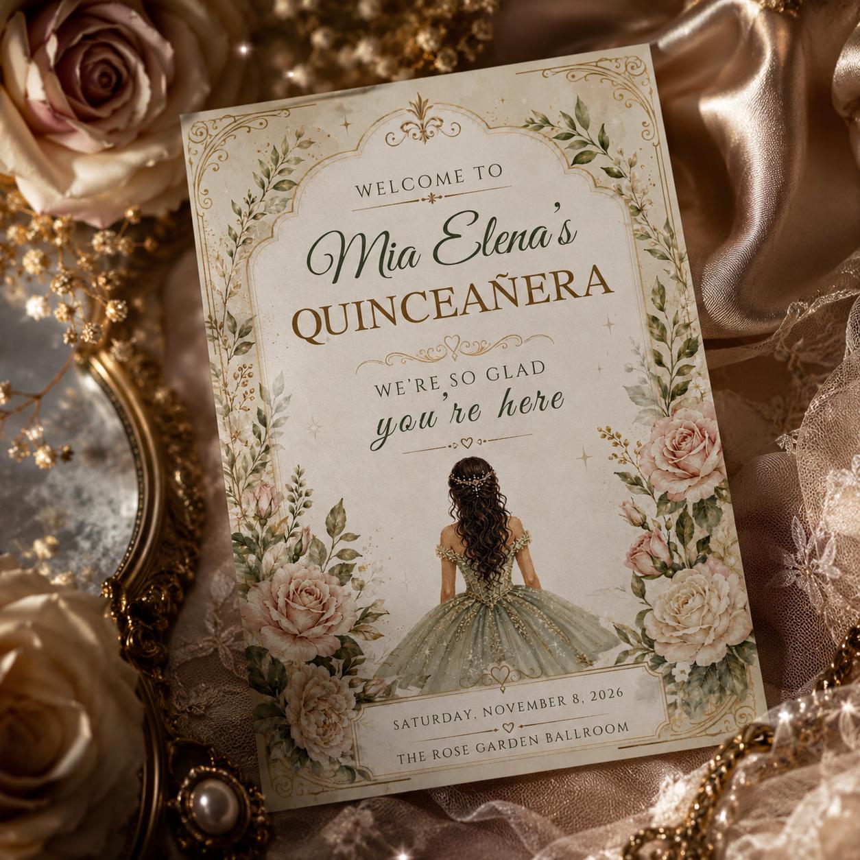 Editable Quinceañera Invitation, Mis Quince Invitation, Quinceanera Invite, Floral Design invitation, Red Gold Black, Mis Quince Anos, Canva __etsy:8097668503