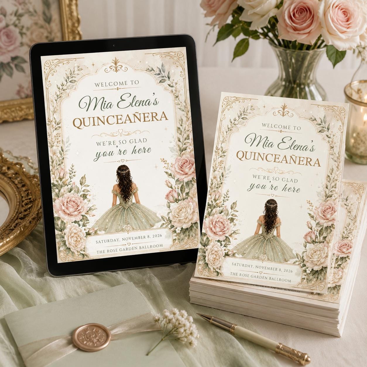 Editable Quinceañera Invitation, Mis Quince Invitation, Quinceanera Invite, Floral Design invitation, Red Gold Black, Mis Quince Anos, Canva __etsy:8097668483