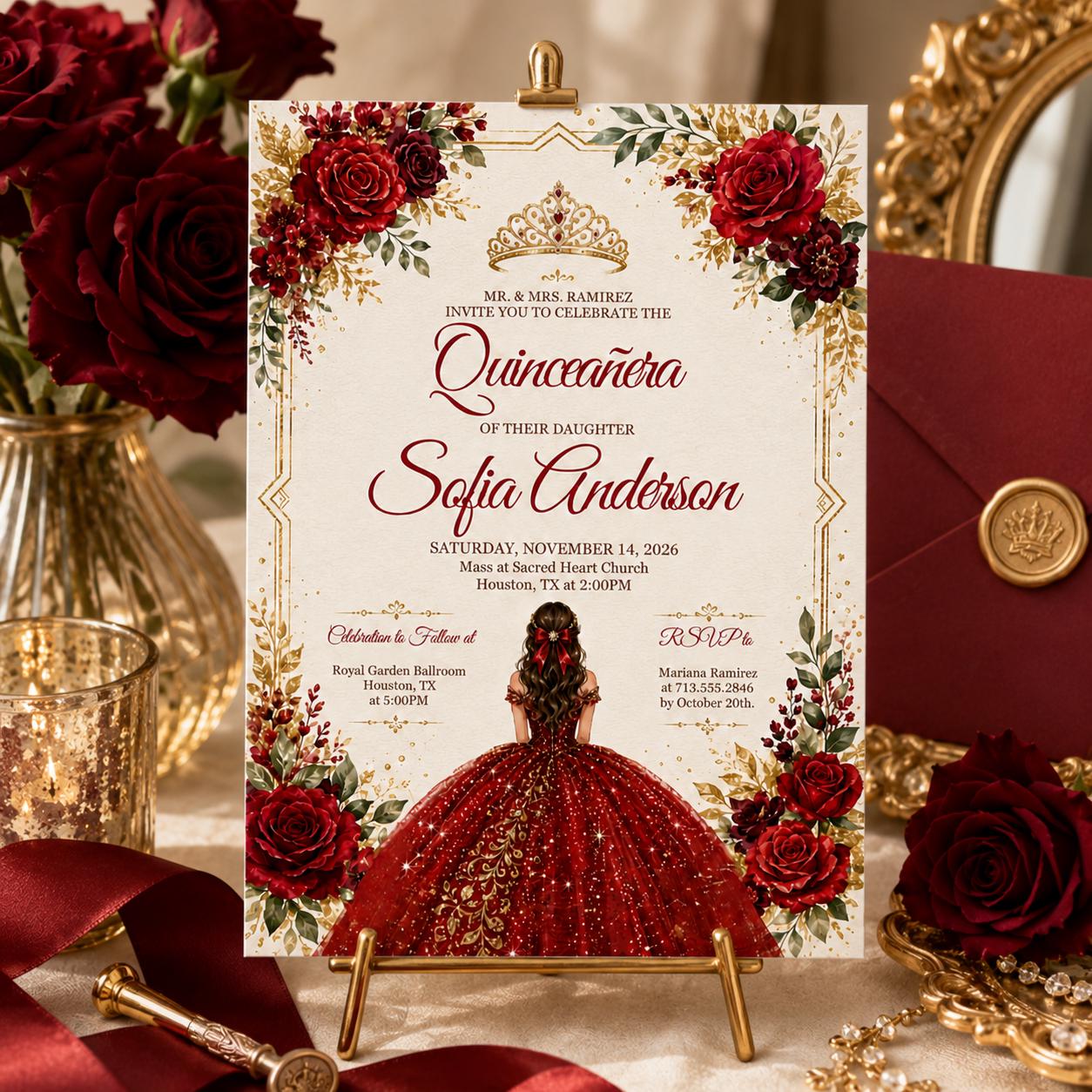 Editable Quinceañera Invitation, Mis Quince Invitation, Quinceanera Invite, Red Roses invitation, Red Gold Black, Mis Quince Anos, Canva __etsy:8039680693