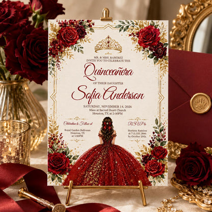 Editable Quinceañera Invitation, Mis Quince Invitation, Quinceanera Invite, Red Roses invitation, Red Gold Black, Mis Quince Anos, Canva __etsy:8039680693