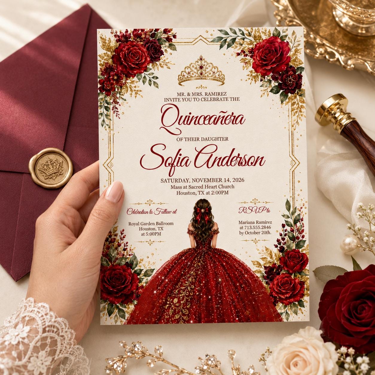 Editable Quinceañera Invitation, Mis Quince Invitation, Quinceanera Invite, Red Roses invitation, Red Gold Black, Mis Quince Anos, Canva __etsy:7991742464