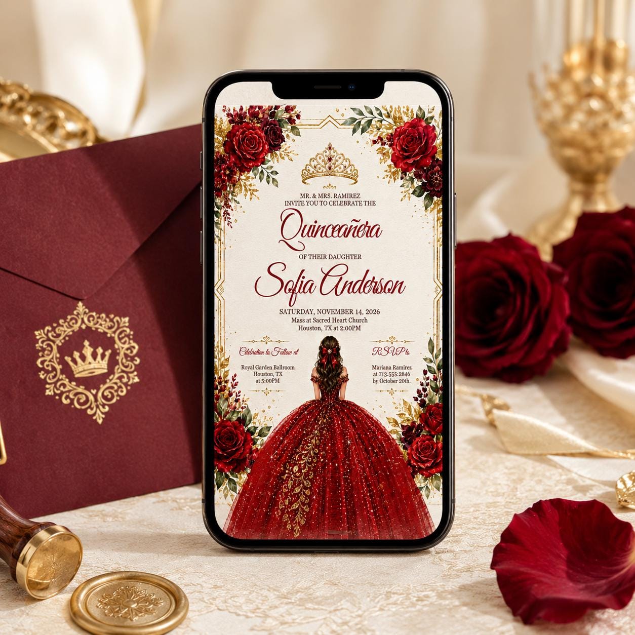 Editable Quinceañera Invitation, Mis Quince Invitation, Quinceanera Invite, Red Roses invitation, Red Gold Black, Mis Quince Anos, Canva __etsy:8039680861