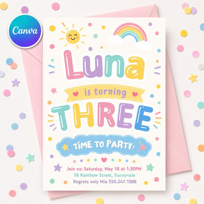 Editable Rainbow Birthday Invitation, Pastel Rainbow Birthday Invite, Pink Pastel Gold Rainbow Birthday Invite, Rainbow Canva Template __etsy:8043190346