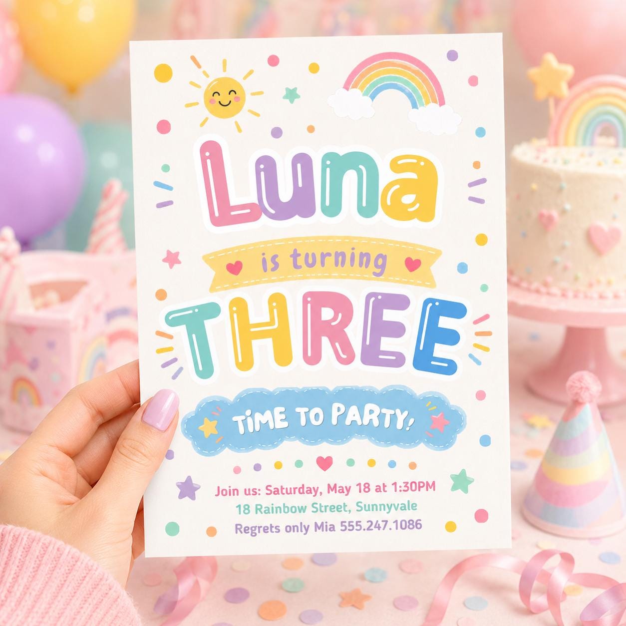 Editable Rainbow Birthday Invitation, Pastel Rainbow Birthday Invite, Pink Pastel Gold Rainbow Birthday Invite, Rainbow Canva Template __etsy:8043190356