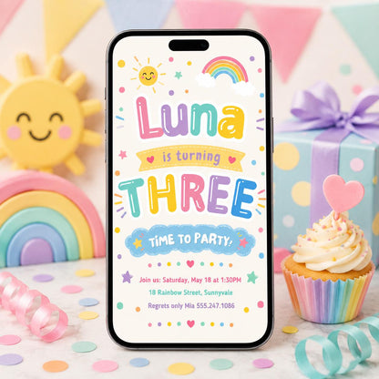 Editable Rainbow Birthday Invitation, Pastel Rainbow Birthday Invite, Pink Pastel Gold Rainbow Birthday Invite, Rainbow Canva Template __etsy:8091102433