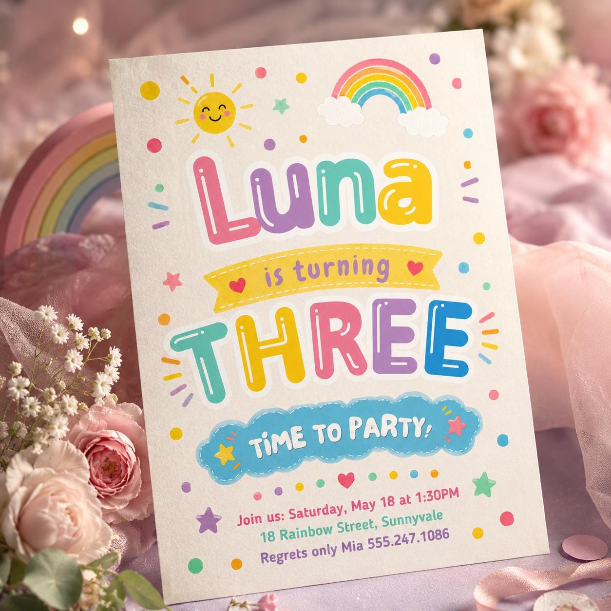 Editable Rainbow Birthday Invitation, Pastel Rainbow Birthday Invite, Pink Pastel Gold Rainbow Birthday Invite, Rainbow Canva Template __etsy:8091102439