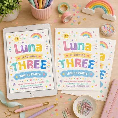 Editable Rainbow Birthday Invitation, Pastel Rainbow Birthday Invite, Pink Pastel Gold Rainbow Birthday Invite, Rainbow Canva Template __etsy:8091102437