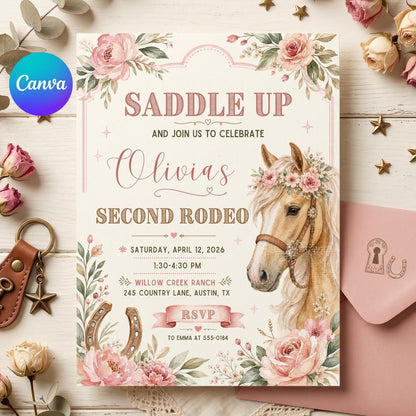 Editable Rodeo Invitation Template, Second Birthday Party, Rodeo Girls Party, Saddle up invite, Editable Canva Template __etsy:8035875307