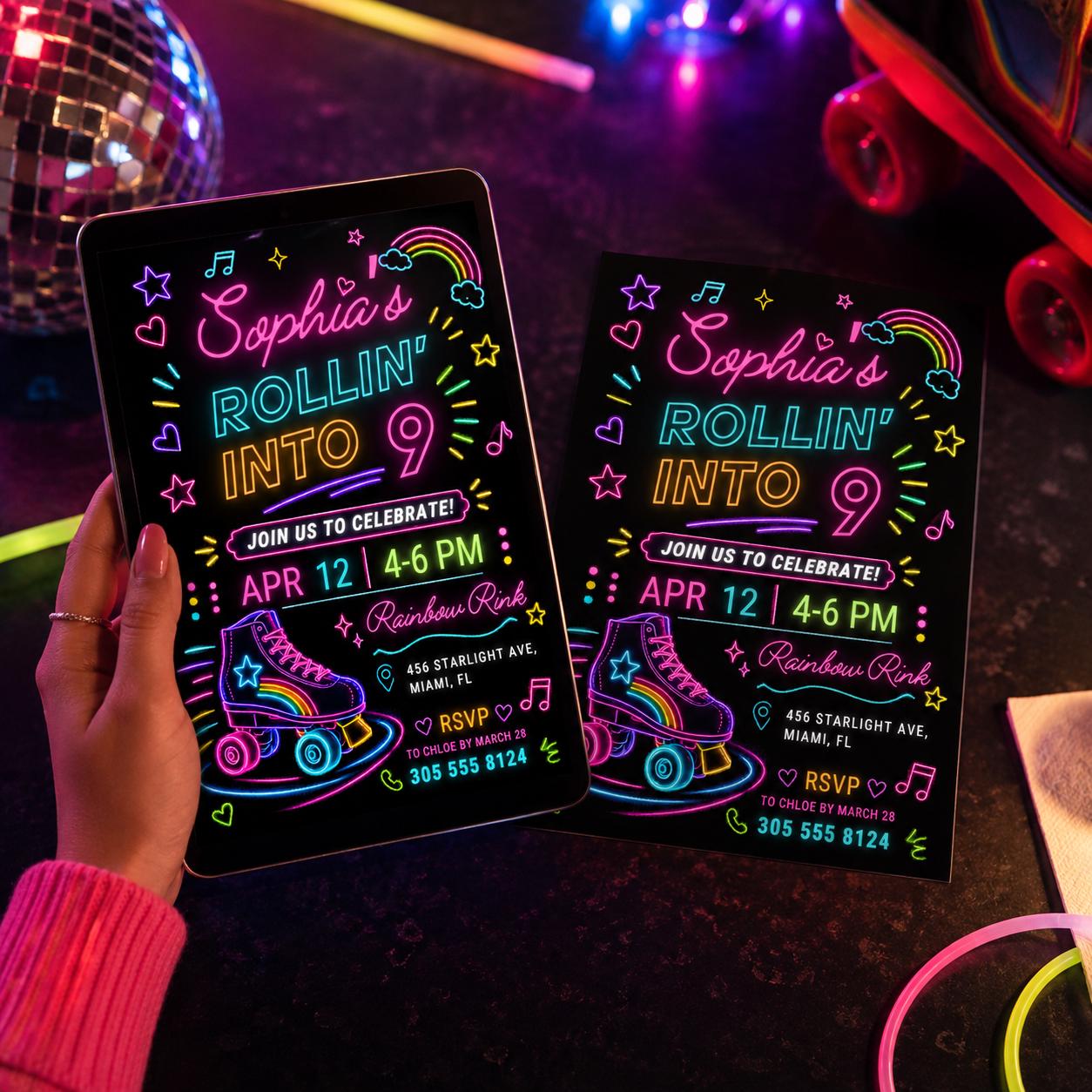 Editable Roller Skating Birthday Invitation, Retro Neon Glow Skate Party Invite, Rolling Into 9 Years Old Template, Editable Canva __etsy:8037083248
