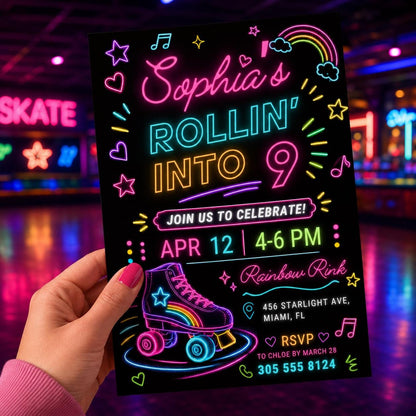 Editable Roller Skating Birthday Invitation, Retro Neon Glow Skate Party Invite, Rolling Into 9 Years Old Template, Editable Canva __etsy:8084999781