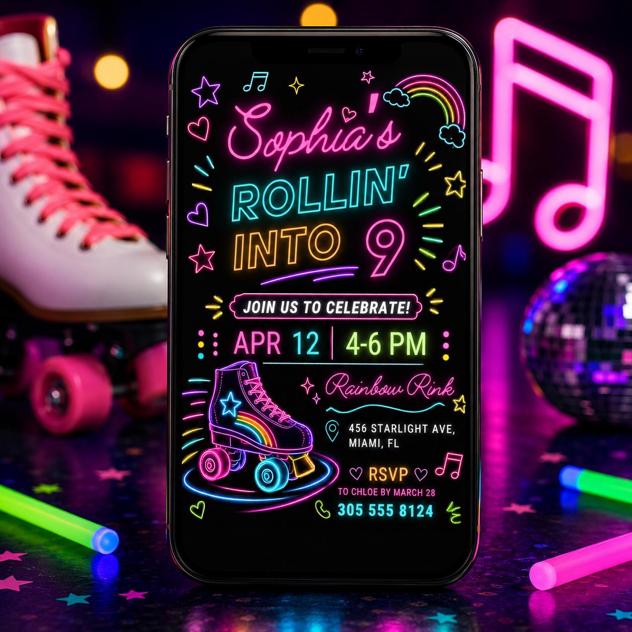 Editable Roller Skating Birthday Invitation, Retro Neon Glow Skate Party Invite, Rolling Into 9 Years Old Template, Editable Canva __etsy:8084999775