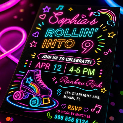 Editable Roller Skating Birthday Invitation, Retro Neon Glow Skate Party Invite, Rolling Into 9 Years Old Template, Editable Canva __etsy:8037083250