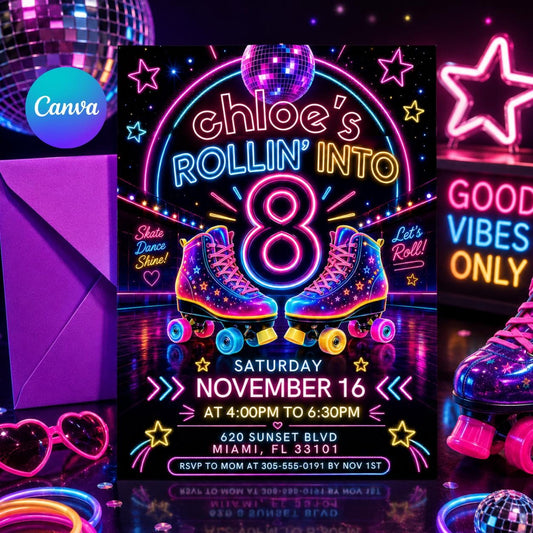 Editable Roller Skating Birthday Invitation, Retro Neon Glow Skate Party Invite, Rolling Into 8 Years Old Template, Editable Canva Template __etsy:8056616759