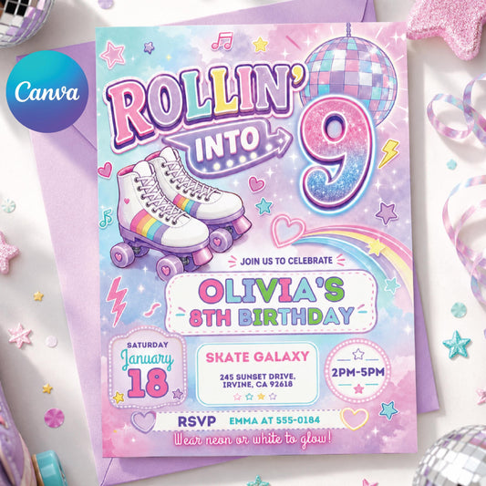 Editable Roller Skating Birthday Invitation, Retro Neon Glow Skate Party Invite, Rolling Into 9 Years Old Template, Editable Canva Template __etsy:8026196008