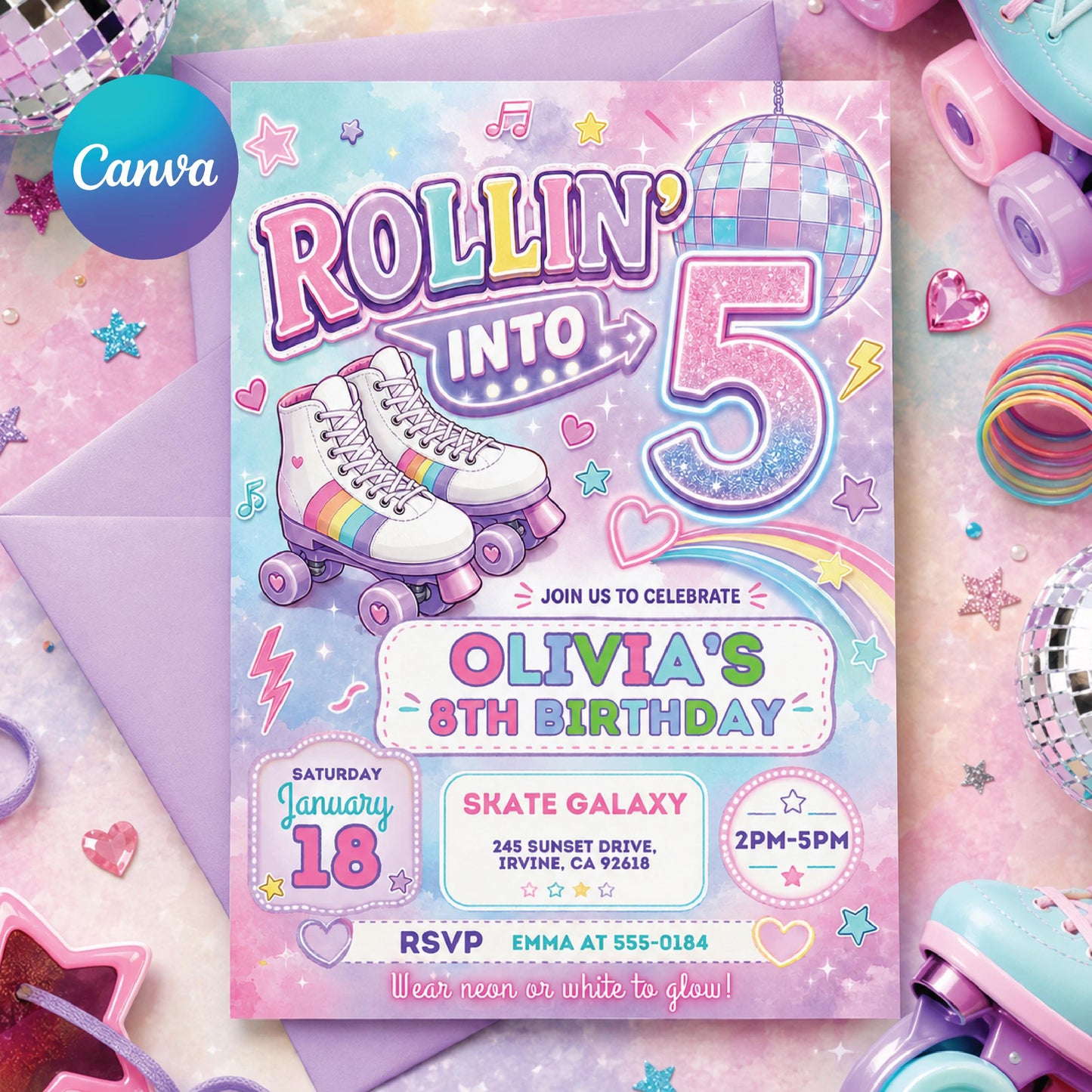Editable Roller Skating Birthday Invitation, Retro Neon Glow Skate Party Invite, Rolling Into 5 Years Old Template, Editable Canva Template __etsy:8074099265