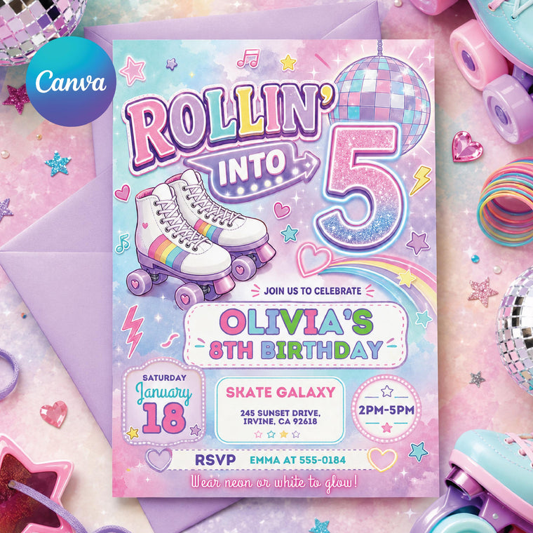 Retro Neon Roller Skating 5th Birthday Invitation