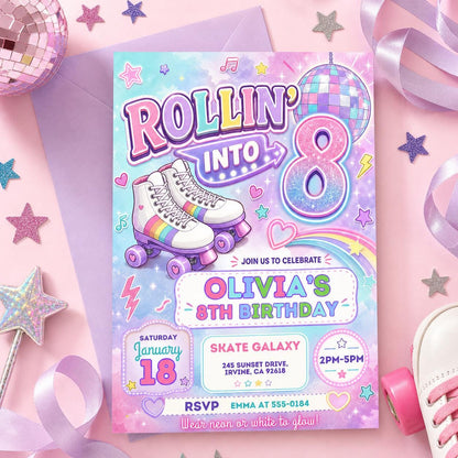 Editable Roller Skating Birthday Invitation, Retro Neon Glow Skate Party Invite, Rolling Into 8 Years Old Template, Editable Canva Template __etsy:7985831120