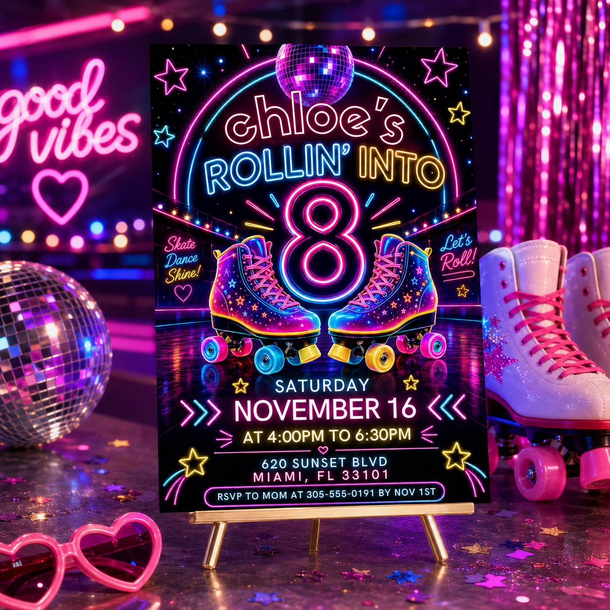 Editable Roller Skating Birthday Invitation, Retro Neon Glow Skate Party Invite, Rolling Into 8 Years Old Template, Editable Canva Template __etsy:8008685352