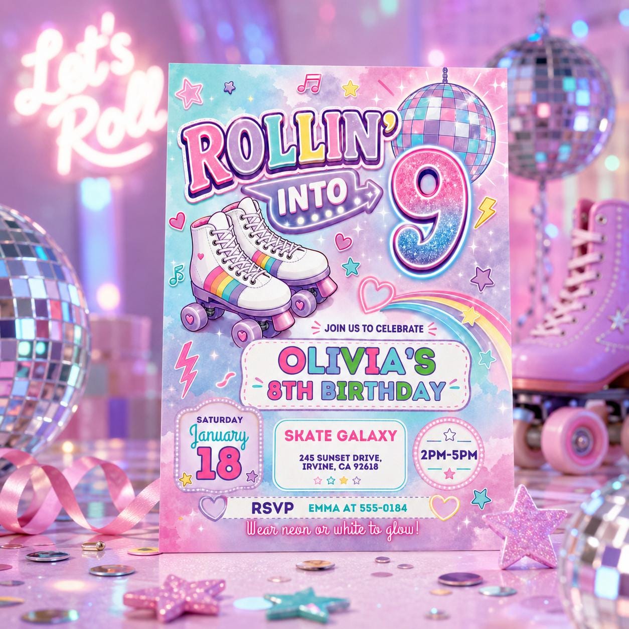 Editable Roller Skating Birthday Invitation, Retro Neon Glow Skate Party Invite, Rolling Into 9 Years Old Template, Editable Canva Template __etsy:8026195000