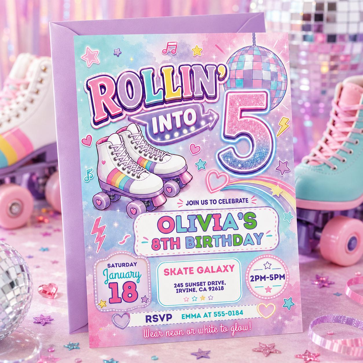 Editable Roller Skating Birthday Invitation, Retro Neon Glow Skate Party Invite, Rolling Into 5 Years Old Template, Editable Canva Template __etsy:8026187404