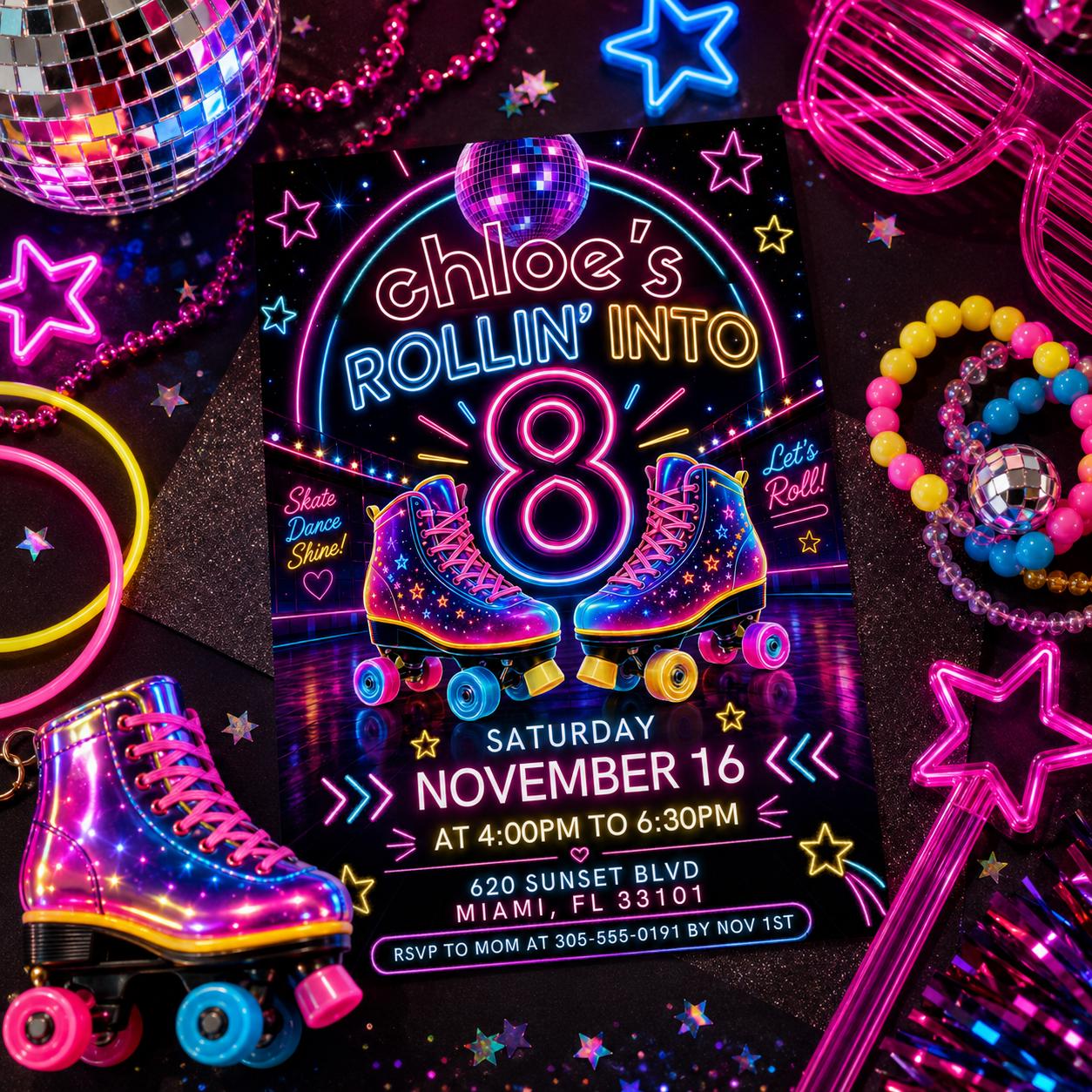 Editable Roller Skating Birthday Invitation, Retro Neon Glow Skate Party Invite, Rolling Into 8 Years Old Template, Editable Canva Template __etsy:8056603013