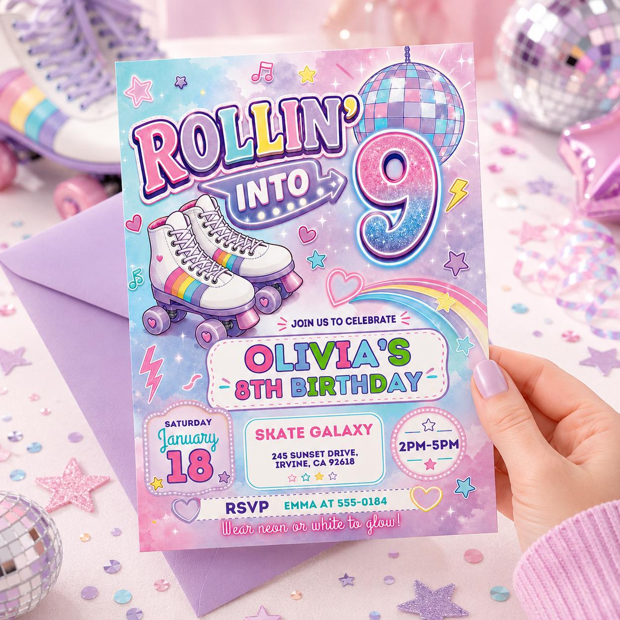Editable Roller Skating Birthday Invitation, Retro Neon Glow Skate Party Invite, Rolling Into 9 Years Old Template, Editable Canva Template __etsy:8026195022