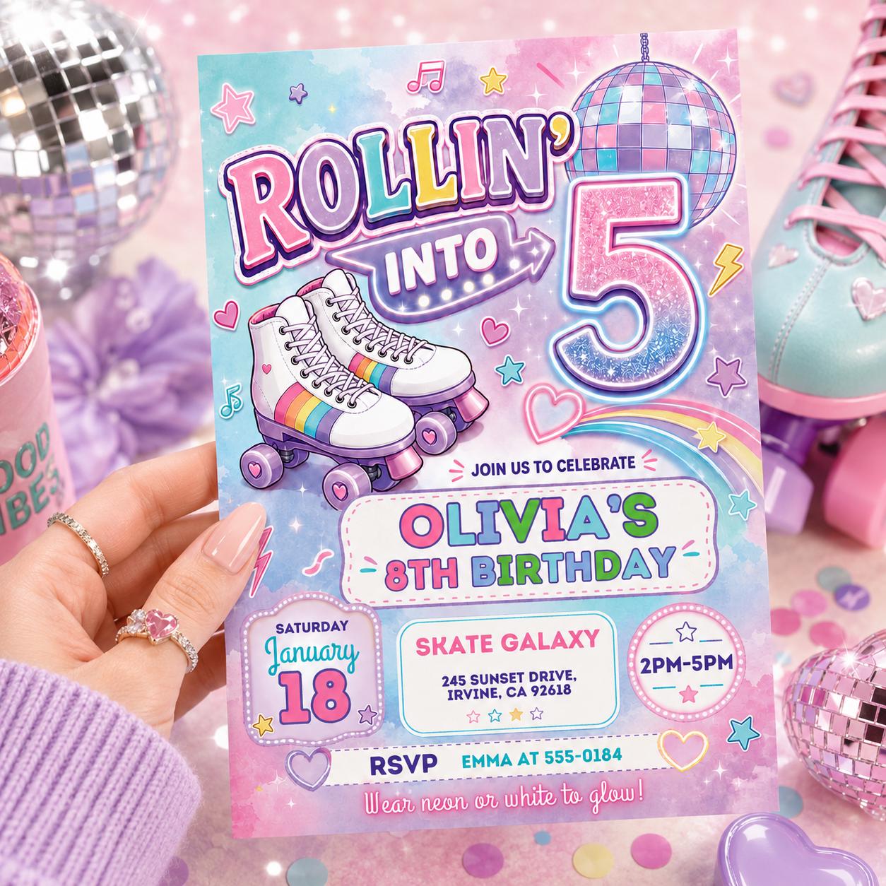 Editable Roller Skating Birthday Invitation, Retro Neon Glow Skate Party Invite, Rolling Into 5 Years Old Template, Editable Canva Template __etsy:8074100493