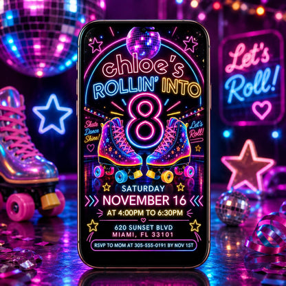 Editable Roller Skating Birthday Invitation, Retro Neon Glow Skate Party Invite, Rolling Into 8 Years Old Template, Editable Canva Template __etsy:8008685660