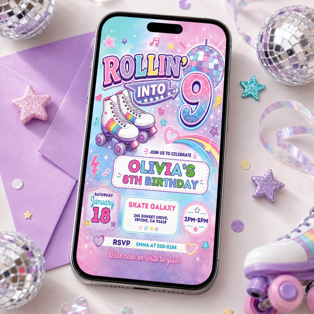 Editable Roller Skating Birthday Invitation, Retro Neon Glow Skate Party Invite, Rolling Into 9 Years Old Template, Editable Canva Template __etsy:8026195028