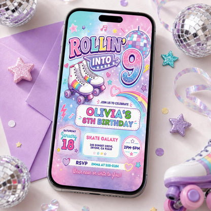 Editable Roller Skating Birthday Invitation, Retro Neon Glow Skate Party Invite, Rolling Into 9 Years Old Template, Editable Canva Template __etsy:8026195028