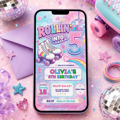Editable Roller Skating Birthday Invitation, Retro Neon Glow Skate Party Invite, Rolling Into 5 Years Old Template, Editable Canva Template __etsy:8026187408