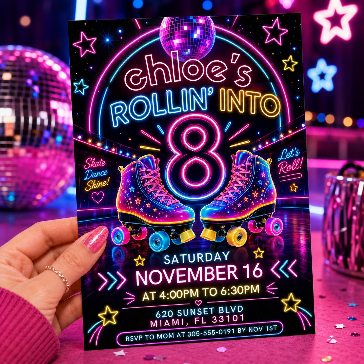 Editable Roller Skating Birthday Invitation, Retro Neon Glow Skate Party Invite, Rolling Into 8 Years Old Template, Editable Canva Template __etsy:8056603043