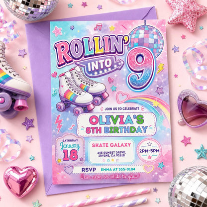 Editable Roller Skating Birthday Invitation, Retro Neon Glow Skate Party Invite, Rolling Into 9 Years Old Template, Editable Canva Template __etsy:8026195032
