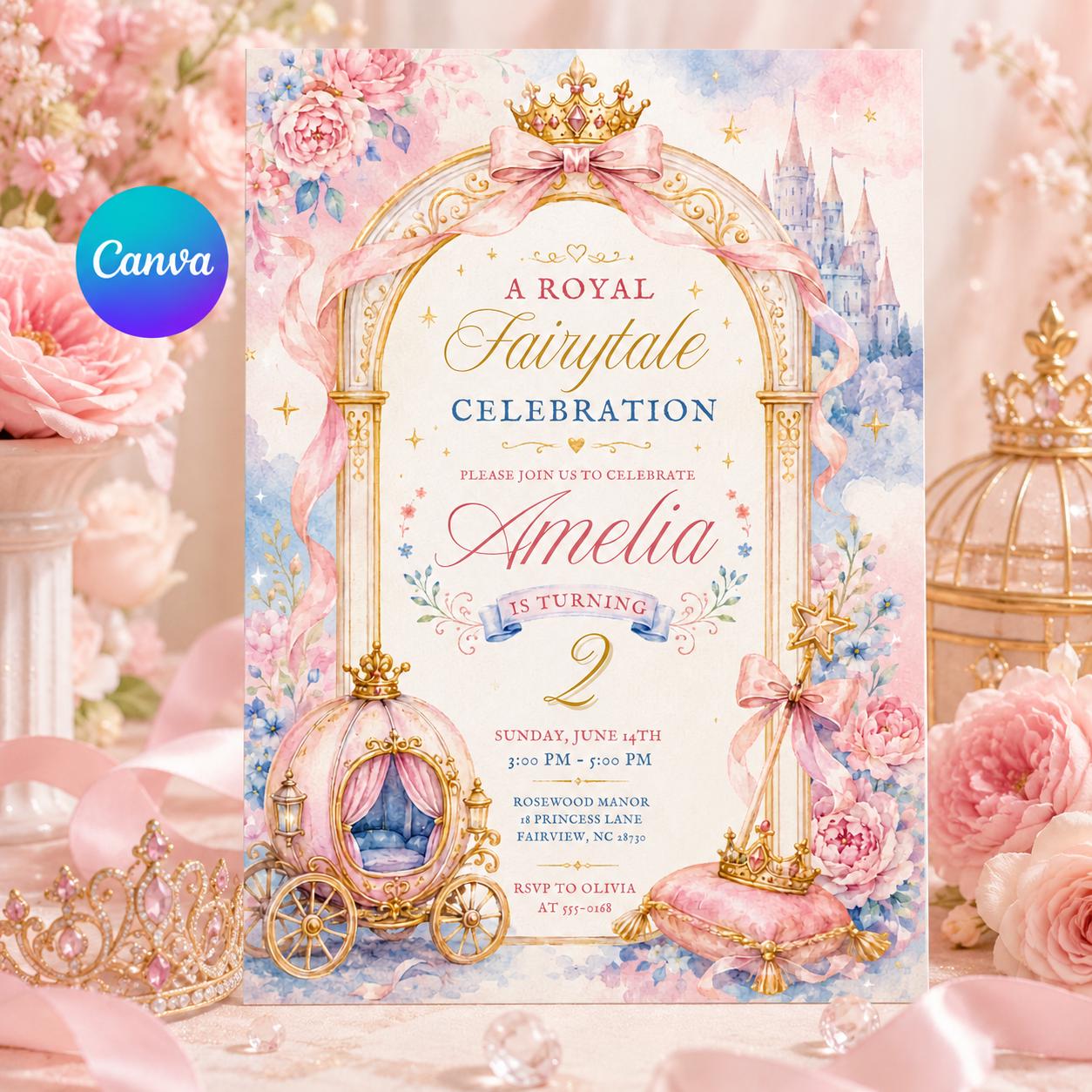 Editable Royal Fairytale Princess Birthday Invitation Canva Template, Pink Gold Castle Party Invite, Printable Fairytale Birthday Girl Party __etsy:8125726880