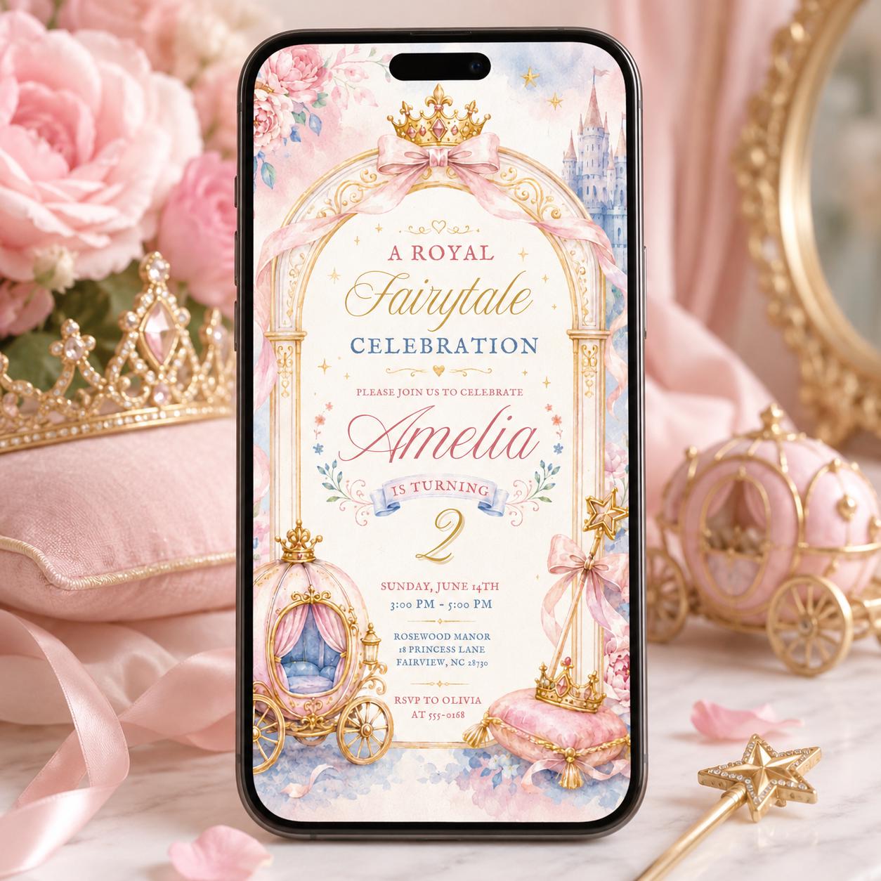 Editable Royal Fairytale Princess Birthday Invitation Canva Template, Pink Gold Castle Party Invite, Printable Fairytale Birthday Girl Party __etsy:8125726864