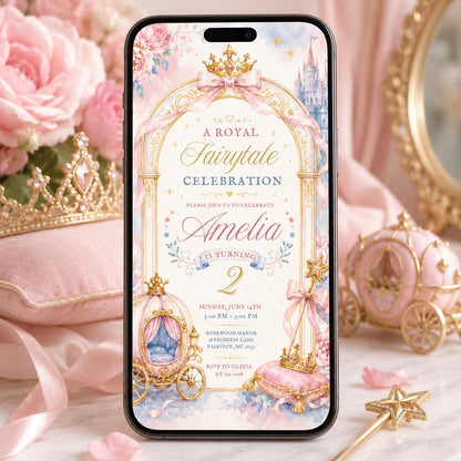 Editable Royal Fairytale Princess Birthday Invitation Canva Template, Pink Gold Castle Party Invite, Printable Fairytale Birthday Girl Party __etsy:8125726864