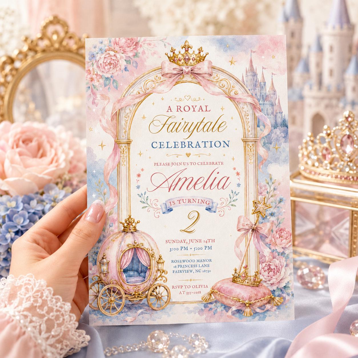 Editable Royal Fairytale Princess Birthday Invitation Canva Template, Pink Gold Castle Party Invite, Printable Fairytale Birthday Girl Party __etsy:8125726886