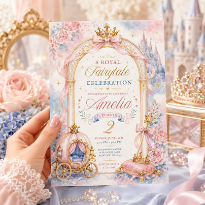 Editable Royal Fairytale Princess Birthday Invitation Canva Template, Pink Gold Castle Party Invite, Printable Fairytale Birthday Girl Party __etsy:8125726886