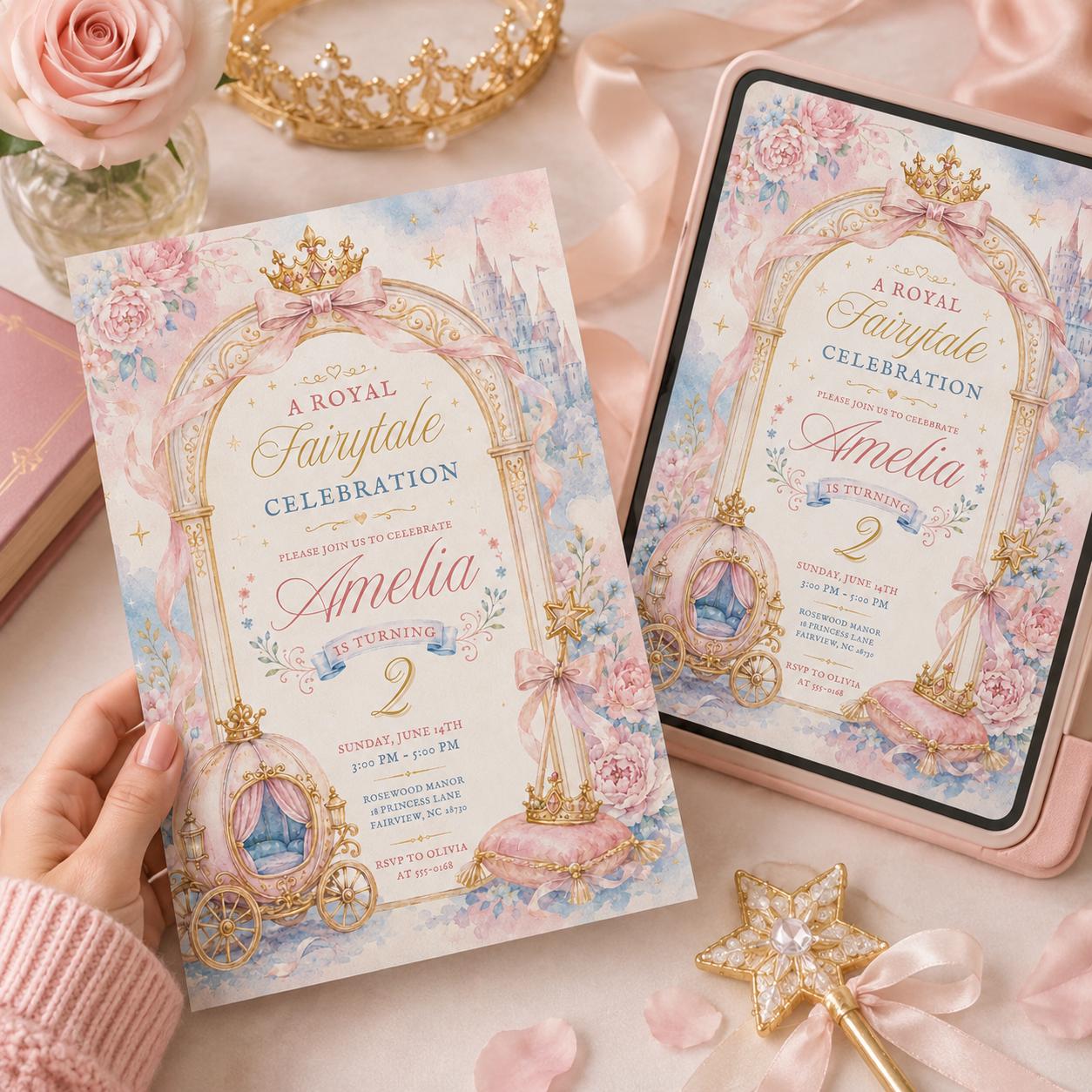Editable Royal Fairytale Princess Birthday Invitation Canva Template, Pink Gold Castle Party Invite, Printable Fairytale Birthday Girl Party __etsy:8173640593