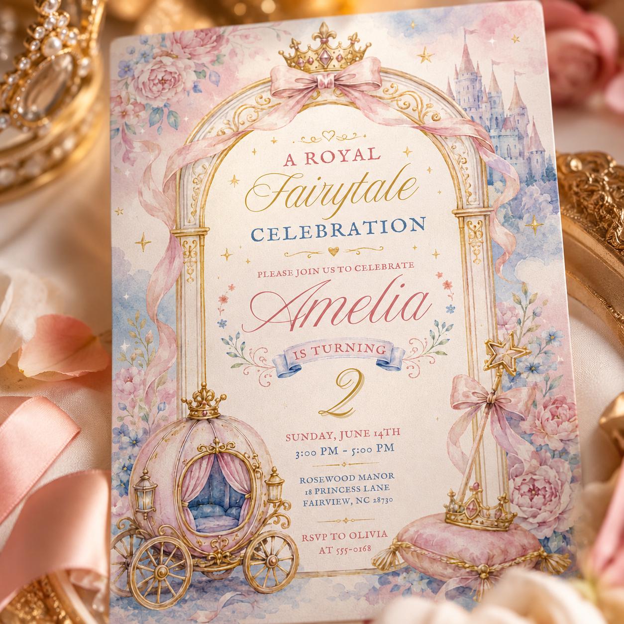 Editable Royal Fairytale Princess Birthday Invitation Canva Template, Pink Gold Castle Party Invite, Printable Fairytale Birthday Girl Party __etsy:8173640591