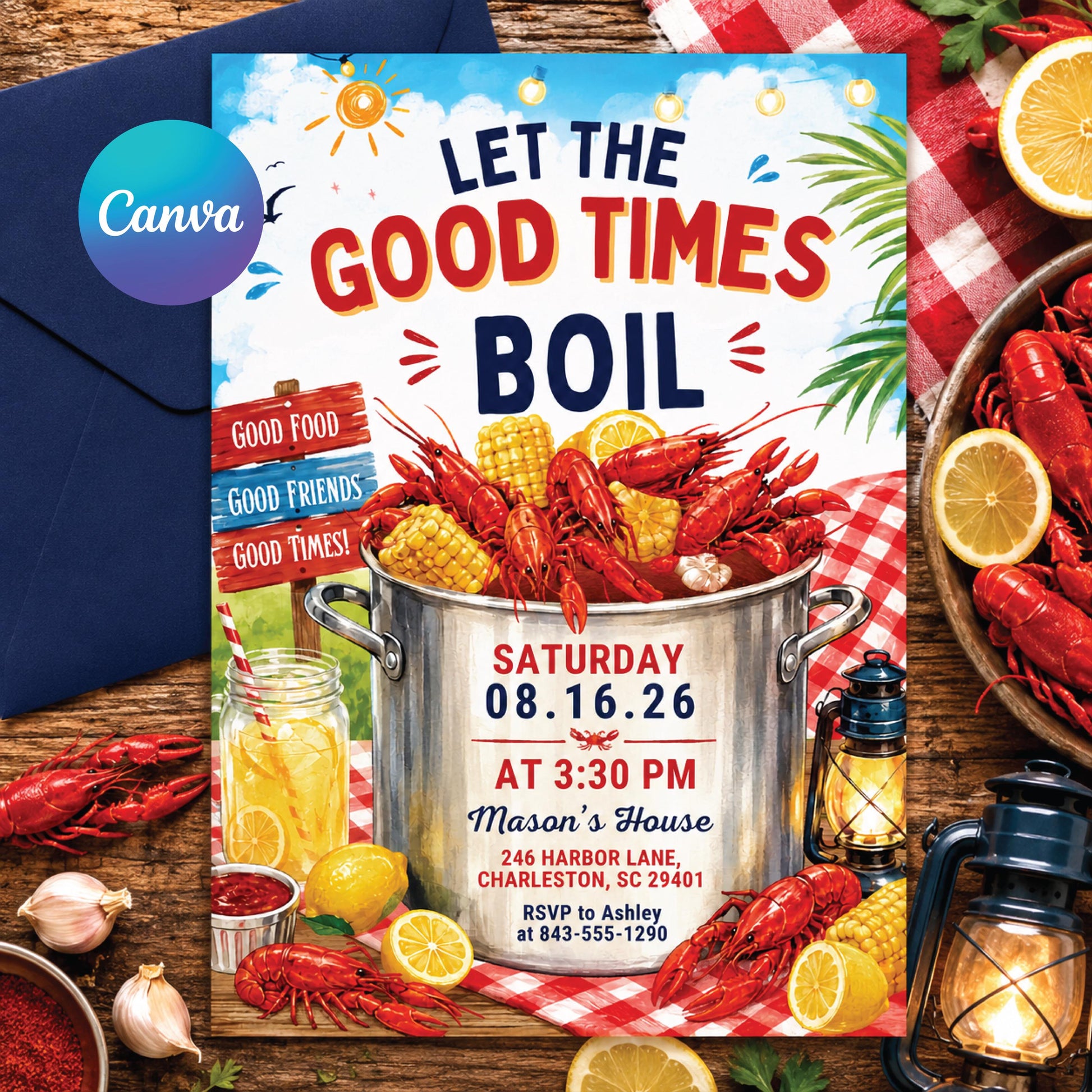 Editable Seafood Boil Party Invitation, Let The Good Times Boil, Crawfish Boil Birthday, Any Occasion, Crawfish Boil Party Invitation, Canva __etsy:8023688086
