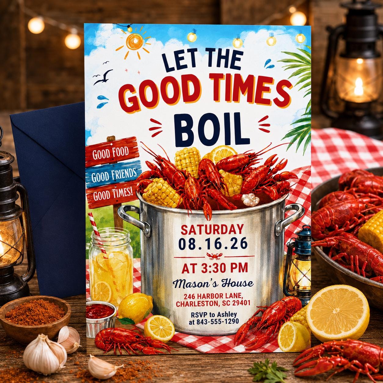 Editable Seafood Boil Party Invitation, Let The Good Times Boil, Crawfish Boil Birthday, Any Occasion, Crawfish Boil Party Invitation, Canva __etsy:8023682556