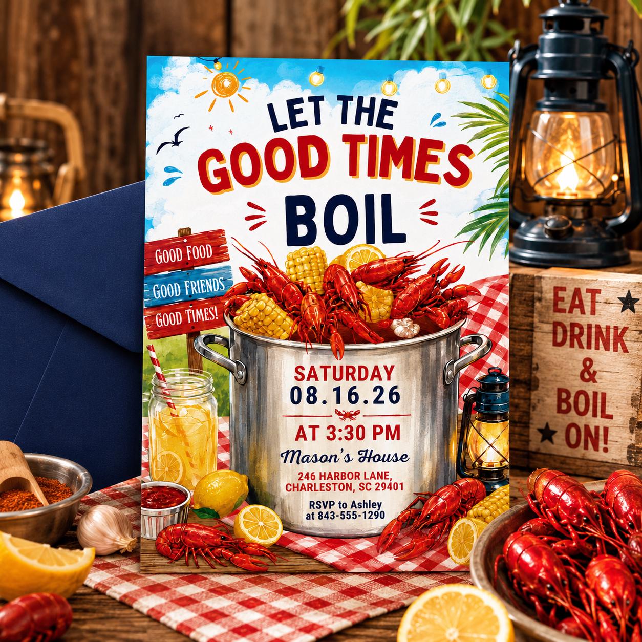 Editable Seafood Boil Party Invitation, Let The Good Times Boil, Crawfish Boil Birthday, Any Occasion, Crawfish Boil Party Invitation, Canva __etsy:8071592517